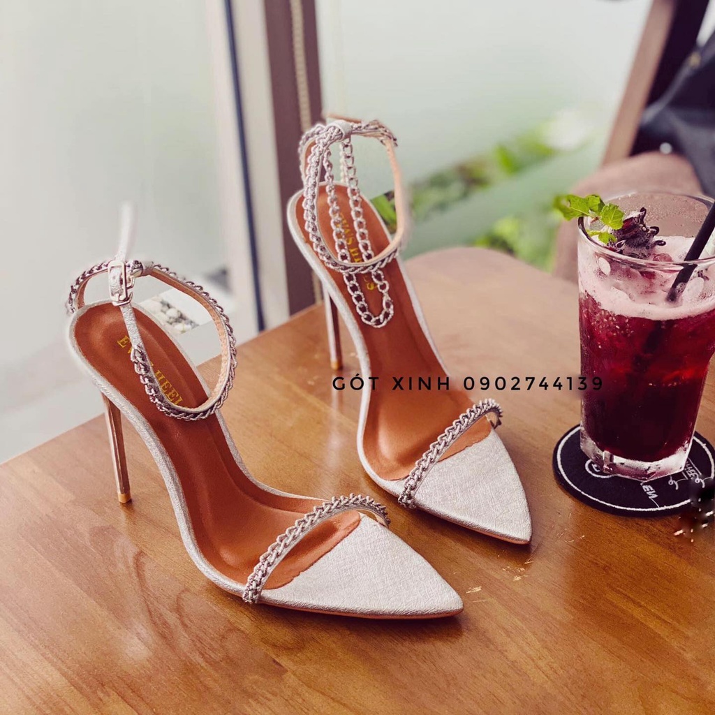 Giày cao gót Sandal dây mảnh Bạc & Vàng phối xích cao cấp