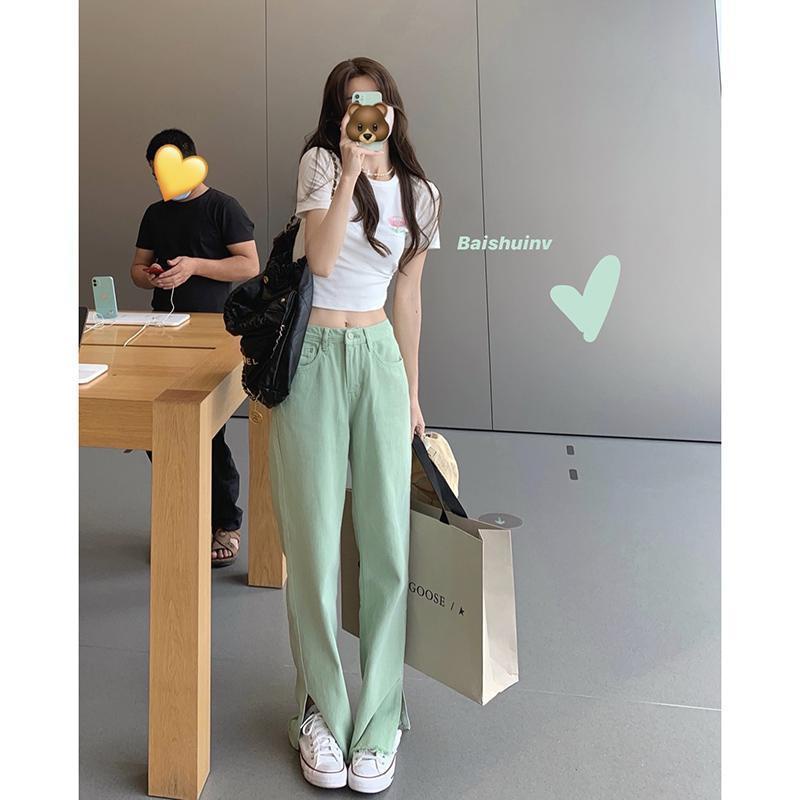 ✒✾۞Quần jean nữ cạp cao màu xanh lá cây nhạt màu xanh lá cây mùa hè