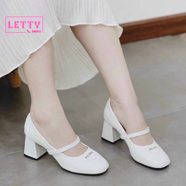 Giày cao gót búp bê đế vuông pradaa cao 7-9cm màu trắng và đen xinh đẹp da bóng cao cấp fullbox