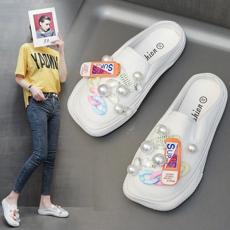 Dép Vải Canvas Đế Bằng Đính Ngọc Trai Dễ Thương | BigBuy360 - bigbuy360.vn