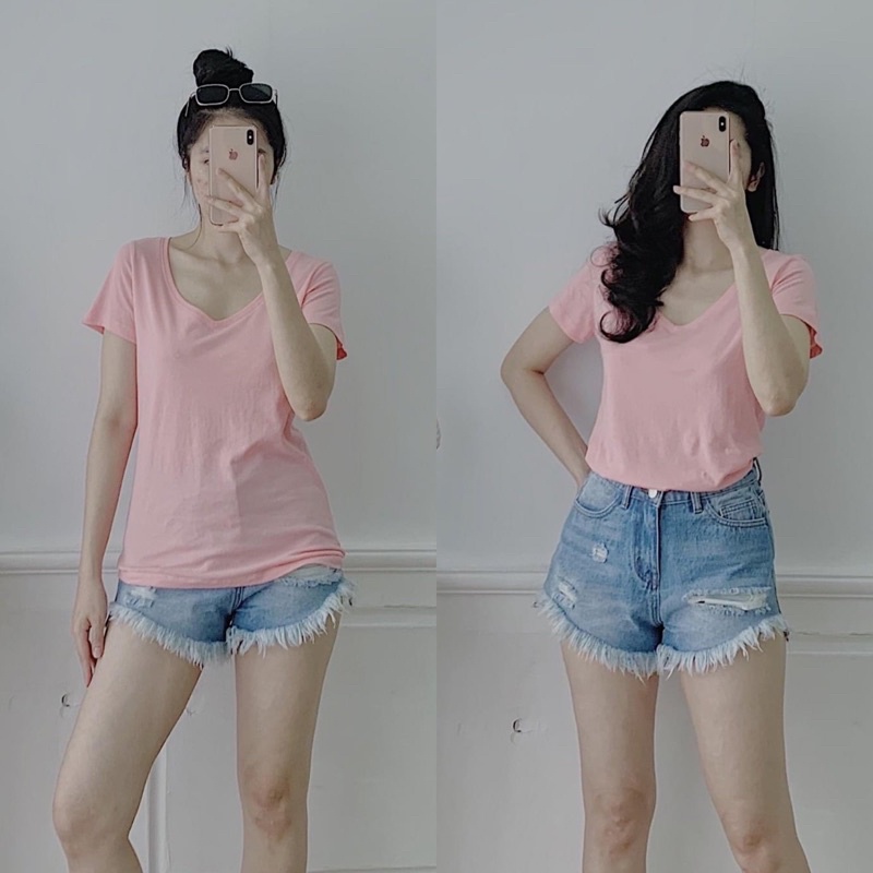 Áo Thun Nữ Cổ Tim Trơn xuất hãng chất thun mềm mịn thoáng mát thấm hút mồ hôi tốt phom vừa vặn chuẩn người