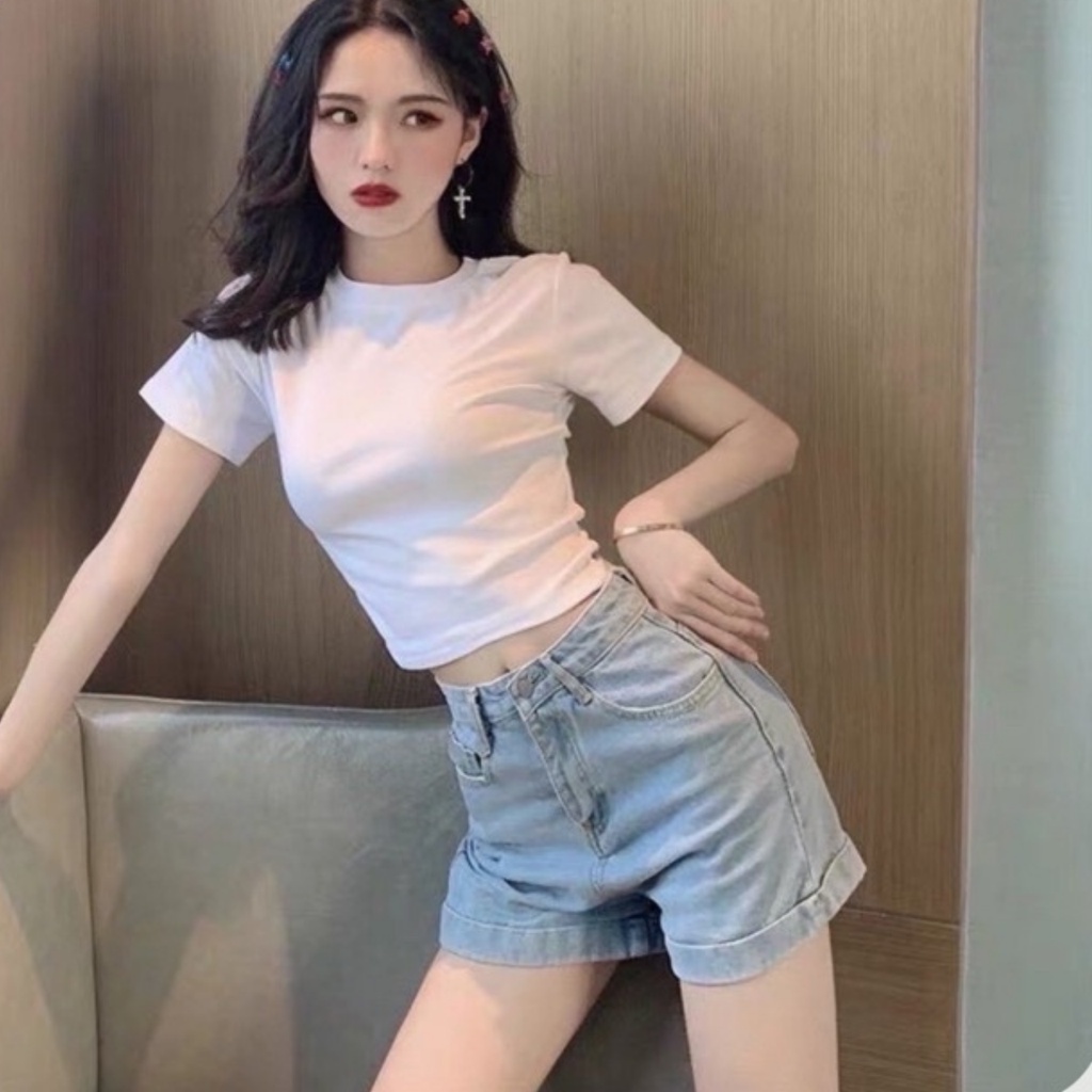 Áo croptop tay ngắn nữ ôm body Hagi clothings, Croptop Nữ trơn ngắn tay cổ tròn dáng ôm cổ tròn
