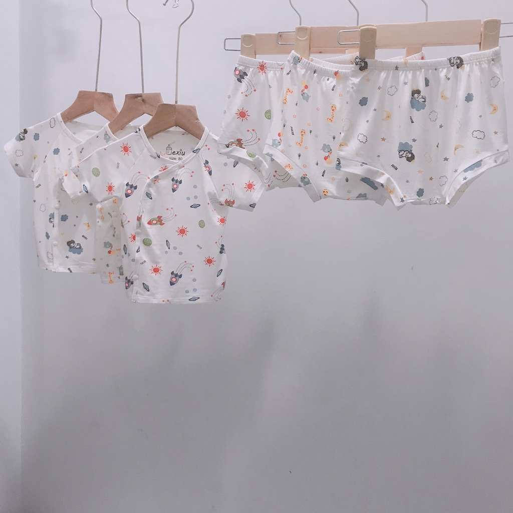 Bộ đồ tay ngắn cài lệch quần chip cho bé mặc tã  Bexiu Bx - Quần Áo Trẻ Sơ Sinh Thun Cotton Lạnh  Cho Bé Trai Và Gái