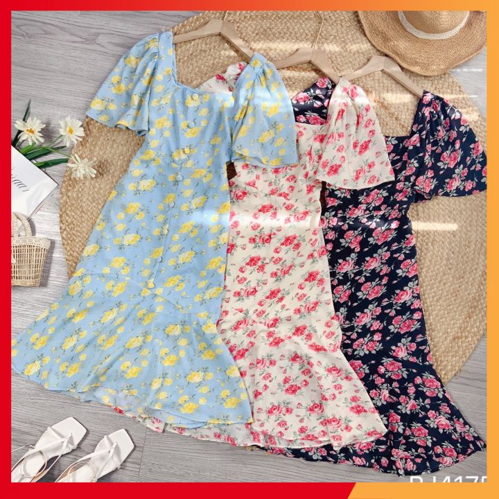 Đầm xòe hoa⚡𝗙𝗥𝗘𝗘 𝗦𝗛𝗜𝗣⚡ Đầm hoa cổ U cúc bọc phối tay cánh tiên siêu che khuyết điểm màu cực ngọt | BigBuy360 - bigbuy360.vn