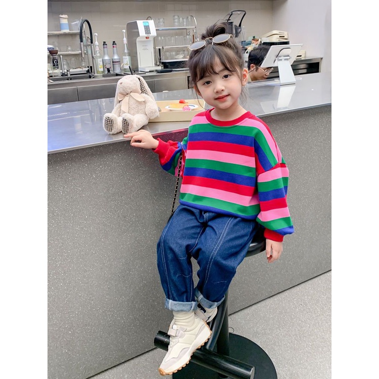 Áo Sweater Dáng Rộng Kẻ Sọc Cầu Vồng Phong Cách Nhật Hàn Thời Trang Mùa Thu 2022 Cho Bé Gái