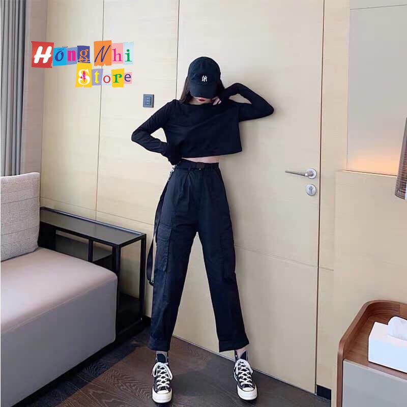 Áo Thun Croptop Tay Dài Dáng Rộng Màu Đen Long Teee Unisex - MM