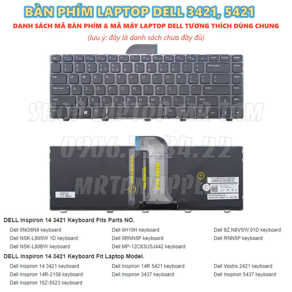 (KEYBOARD) BÀN PHÍM LAPTOP DELL 3421 5421 14R dùng cho Inspiron 14 3421 14R 5421 3437 5437, Vostro 1528 2421 2518 2308