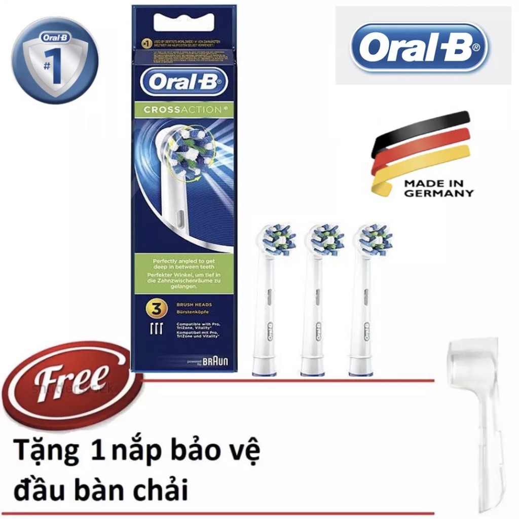 Đầu bàn chải oralb - Bộ 3 đầu bàn chải Oral-B Cross Action (made in germany) +  nắp chụp đầu bàn chải