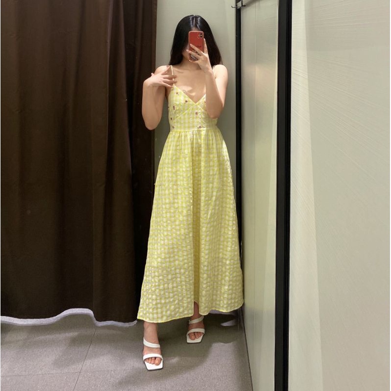 ĐẦM CARO VÀNG DÁNG DÀI HỞ LƯNG ZARA XUẤT XỊN TQXK