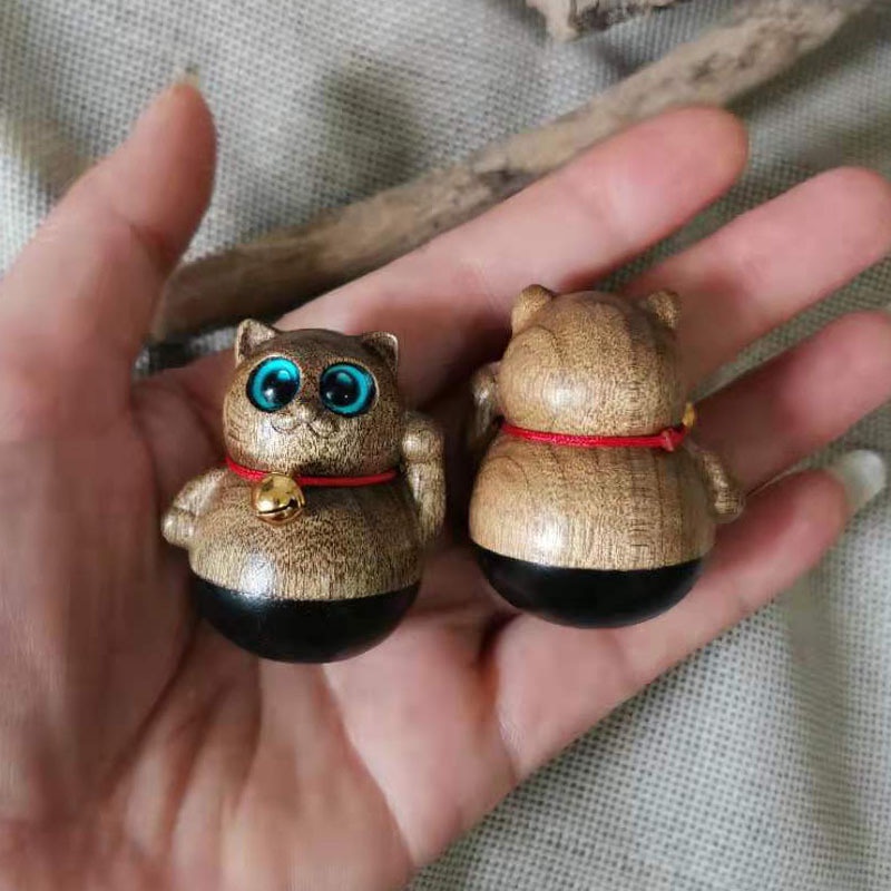 Mèo Gỗ Thần Tài; Phụ Kiện Chó Mèo Thú Cưng;  Mèo Lật Đật Khắc Gỗ May Mắn