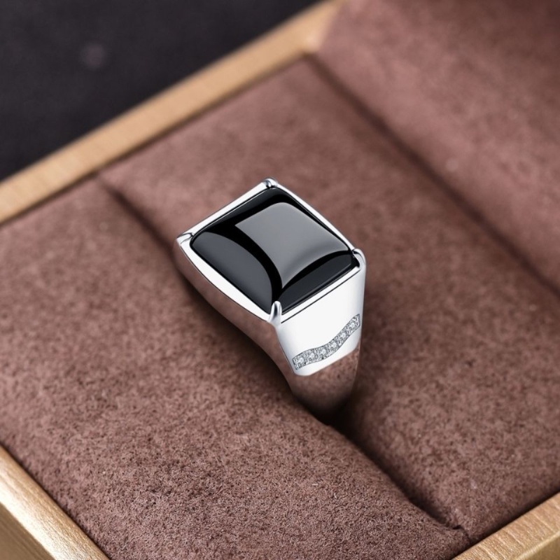 Nhẫn Onyx màu bạc thiết kế đơn giản có thể điều chỉnh kích thước