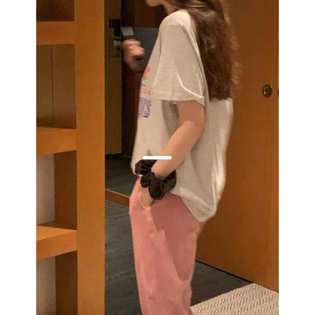 Áo Thun Cotton Tay Ngắn Cổ Tròn Dáng Rộng In Họa Tiết Hoạt Hình Phong Cách Hàn Quốc Cho Nữ