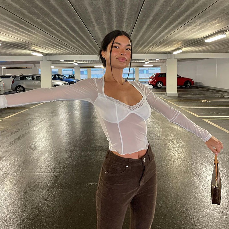 Áo croptop tay dài cổ vuông xuyên thấu thời trang dành cho nữ