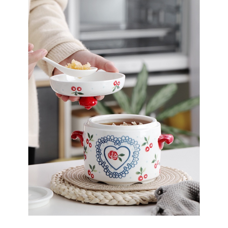 THỐ CHƯNG YẾN, THỐ SỨ HAI NẮP CAO CẤP HỌA TIẾT CHERRY SIÊU ĐÁNG YÊU
