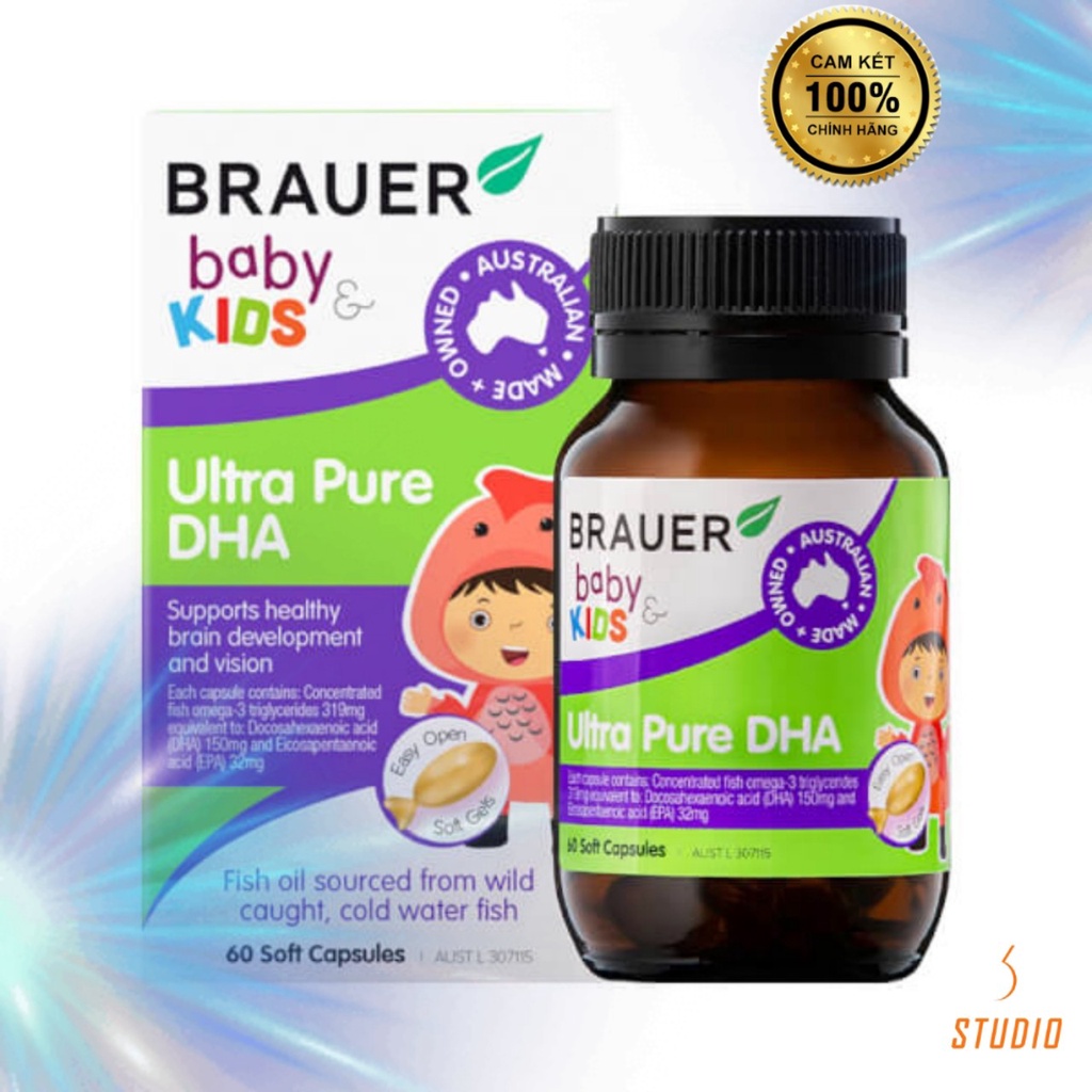 BRAUER BABY DHA dầu cá tinh khiết - Bổ Sung DHA hỗ trợ phát triển não bộ, bổ mắt Cho Bé Từ 7 Tháng tuổi - Lọ 60 Viên