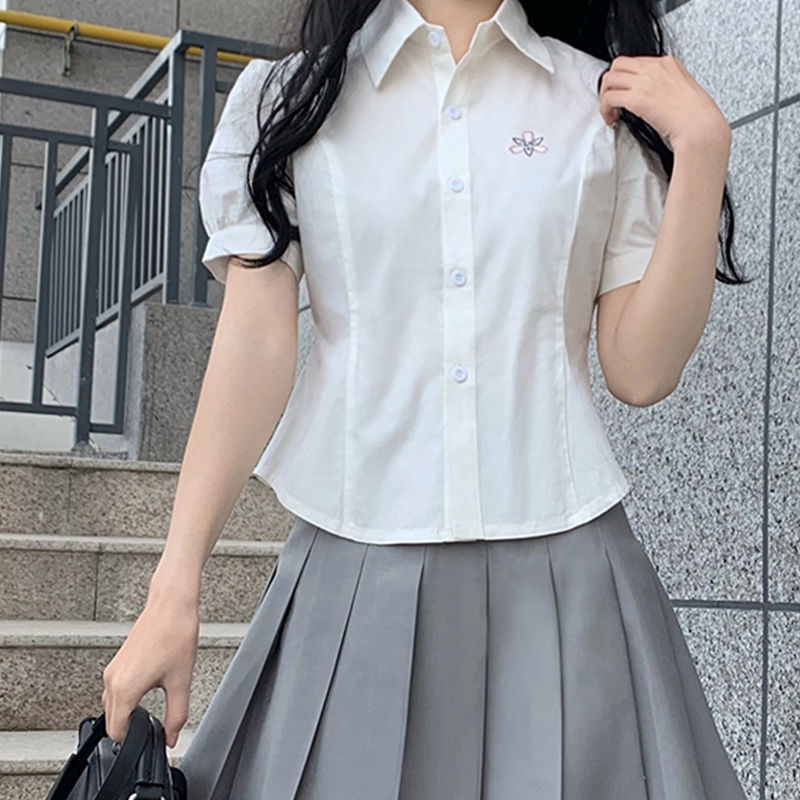 Áo Sơ Mi Đồng Phục Nhật Bản Tay Ngắn Phồng Ôm Dáng Vừa Vặn 7 Món Chính Hãng jk Cho Nữ