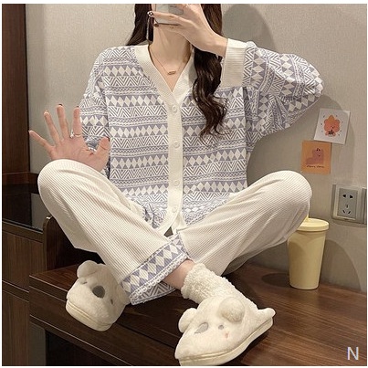 Bộ ngủ nữ Pyjama thu đông cổ chữ V ngọt ngào phiên bản phong cách Hàn Quốc