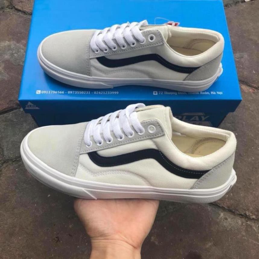 Hot [Sale 3/3]Giày thể thao Vans old skool trắng vạch đen, mũi xám [Sẵn Hàng] . ⋆ Hè