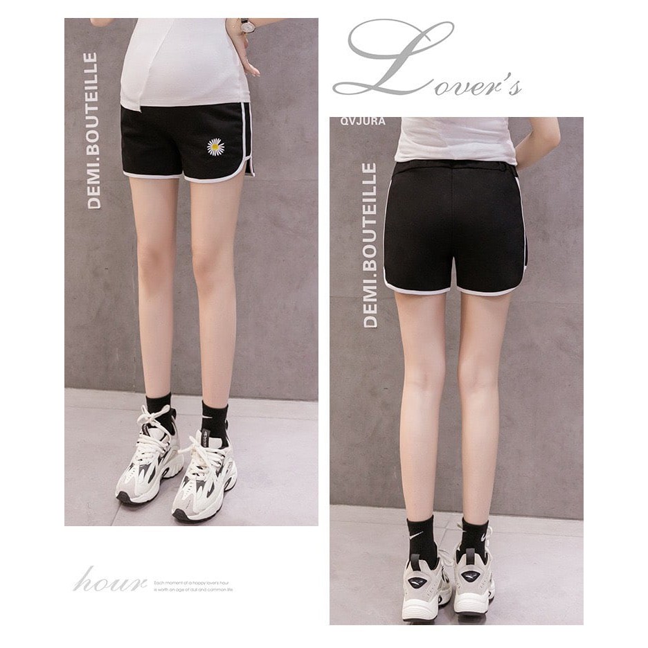 Quần sooc bầu thêu HOA CÚC sọc thể thao chất thun mềm siêu mát (kèm ảnh thật)