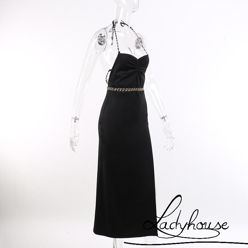 Đầm Dài Hai Dây Hở Lưng Xẻ Tà Cột Dây Chéo Thời Trang Cho Nữ