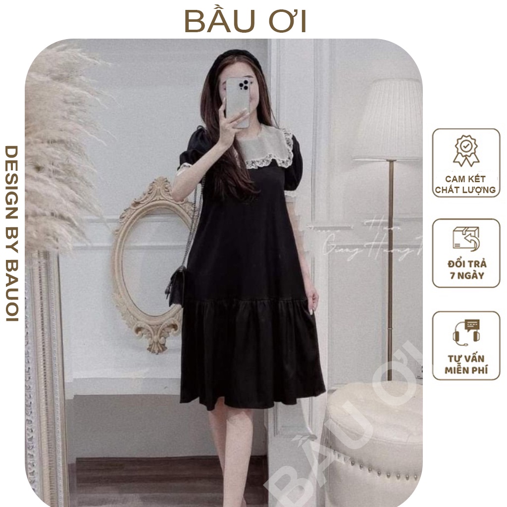 [BAUOI V104] VÁY BẦU THỜI TRÀNG THIẾT KẾ CHÁT LỤA HÀN FREESIZE TỪ 45-70G - ĐẦM BẦU CÔNG SỞ DÁNG SUONG CỔ PHỐI REN