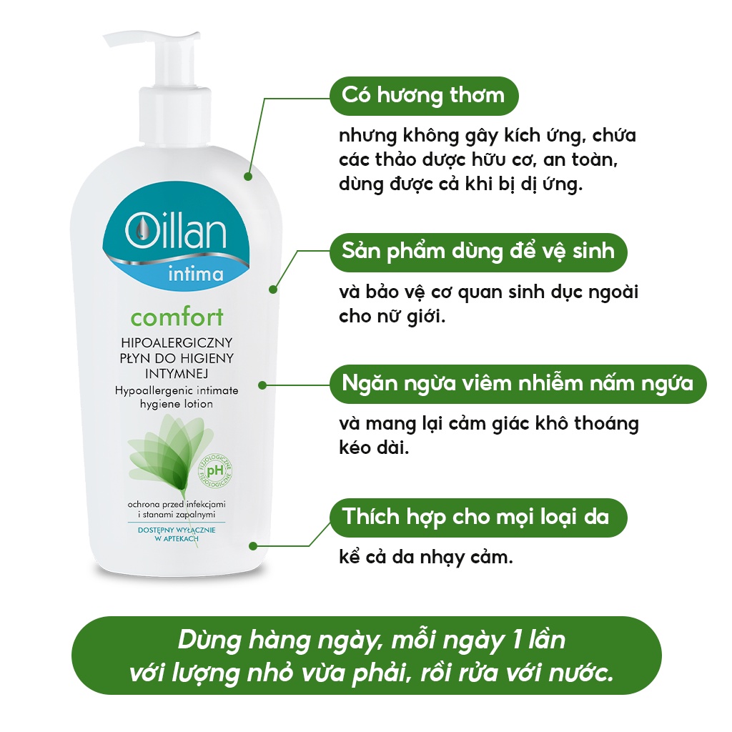 Dung Dịch Vệ Sinh Phụ Nữ OILLAN Intima Comfort Giảm Nấm Ngứa, Không Kích Ứng Giúp Làm Sạch Nhẹ Dịu 400ml Date T2/2023