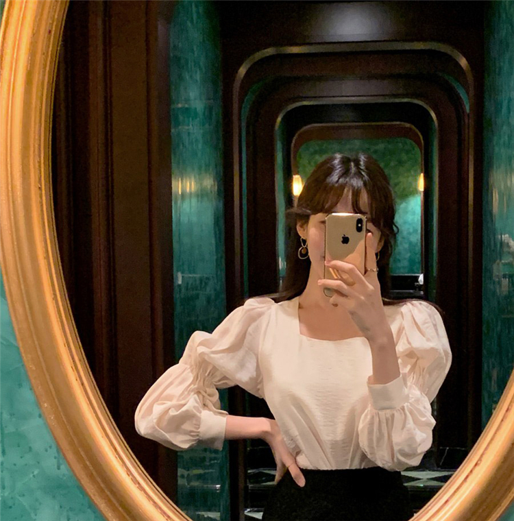 SUXI Áo Kiểu Tay Dài Cổ Vuông Màu Trơn Phong Cách Retro Hàn Quốc