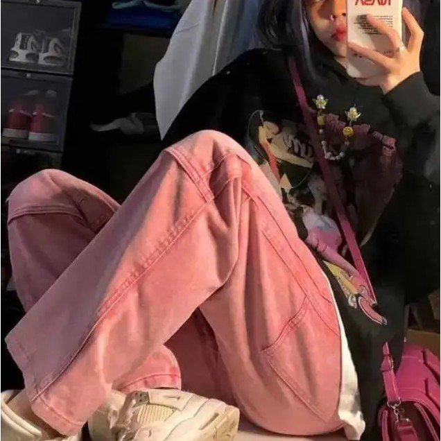 ✨PINKKKK JEANS✨Quần Jeans Ống Rộng Lưng Cao Màu Hồng Thiết Kế Năng Động Thời Trang | BigBuy360 - bigbuy360.vn