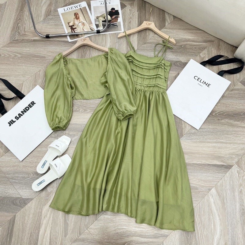 Set Tiểu Thư Váy 2 Dây Kèm Áo Khoác Ngoài Màu Xanh