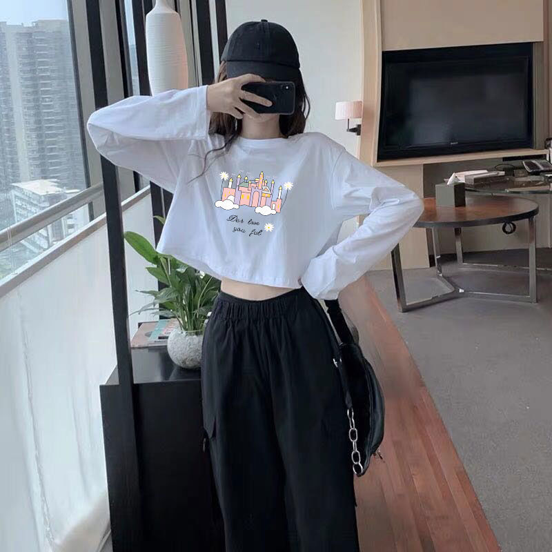 Áo Thun Lửng Tay Dài Dáng Rộng Thiết Kế Đơn Giản Phong Cách Hàn Quốc