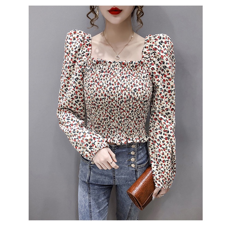 Áo Kiểu Tay Phồng In Hoa Thời Trang Hè Thu Cho Nữ