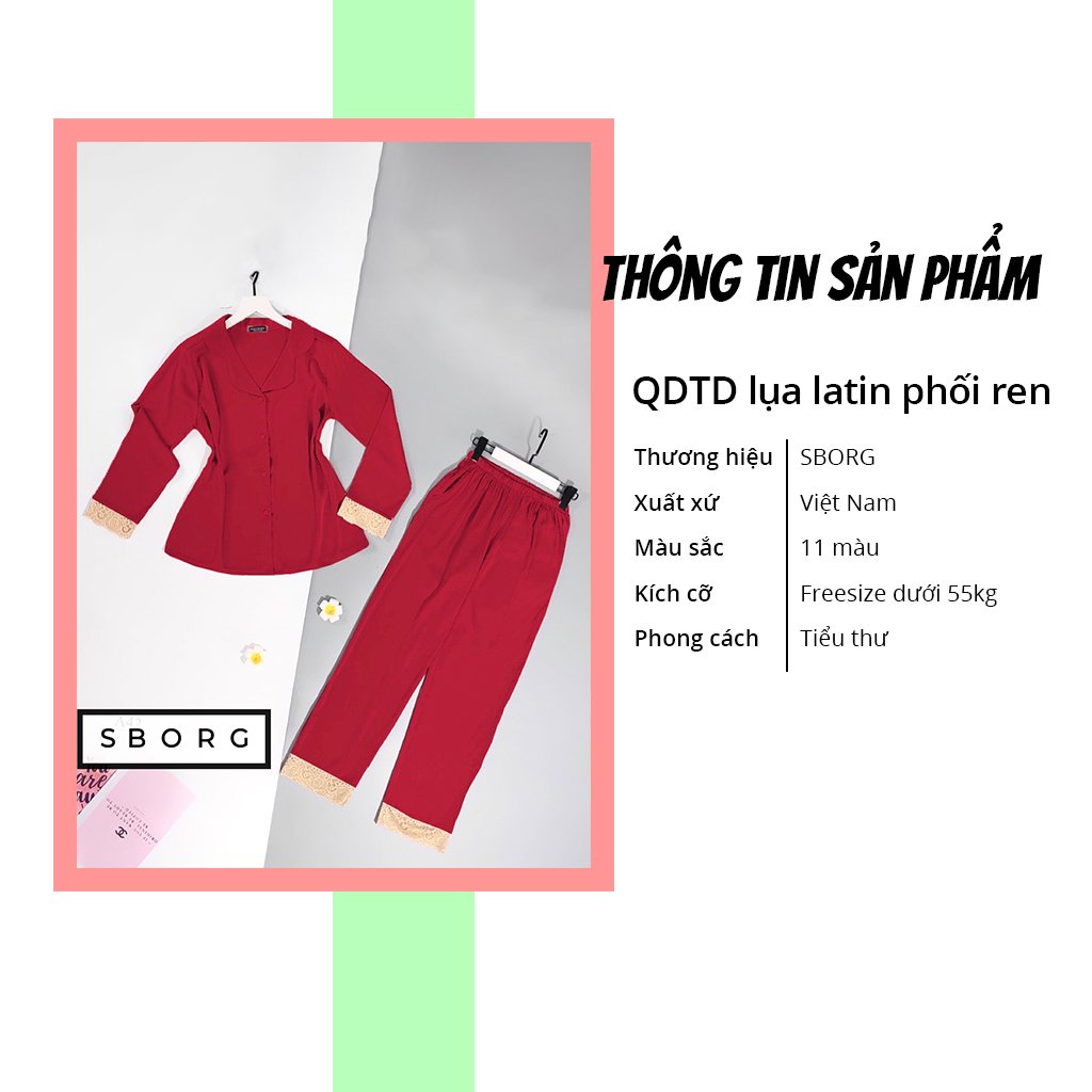 Đồ bộ mặc nhà SBORG bộ pijama tay dài lụa latin phối ren dễ thương quần dài có túi sâu freesize dưới 55kg quà tặng vợ