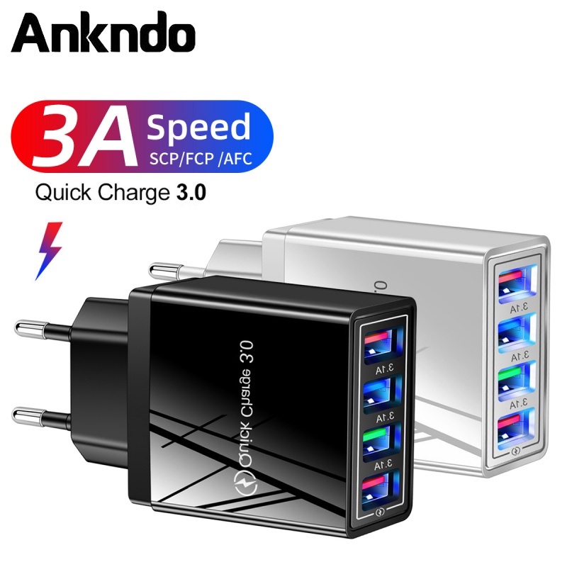 Củ sạc ANKNDO 4 cổng USB 3A có đèn LED thích hợp cho iPhone Xiaomi