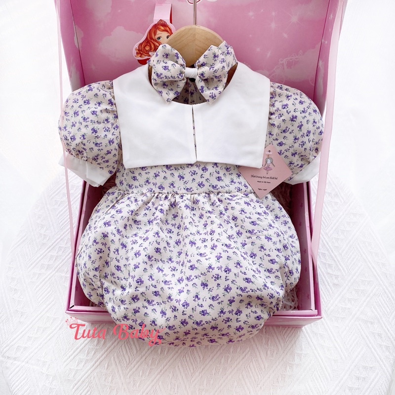 Bodysuit Cho Bé Yêu Chất Voan Lụa Tím Hoa Nhí Kèm Turban Xinh Xắn FREESHIP Body Trẻ Em Thiết Kế
