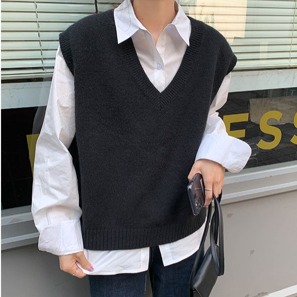 Áo len không tay cổ chữ V màu trơn xinh xắn 31130