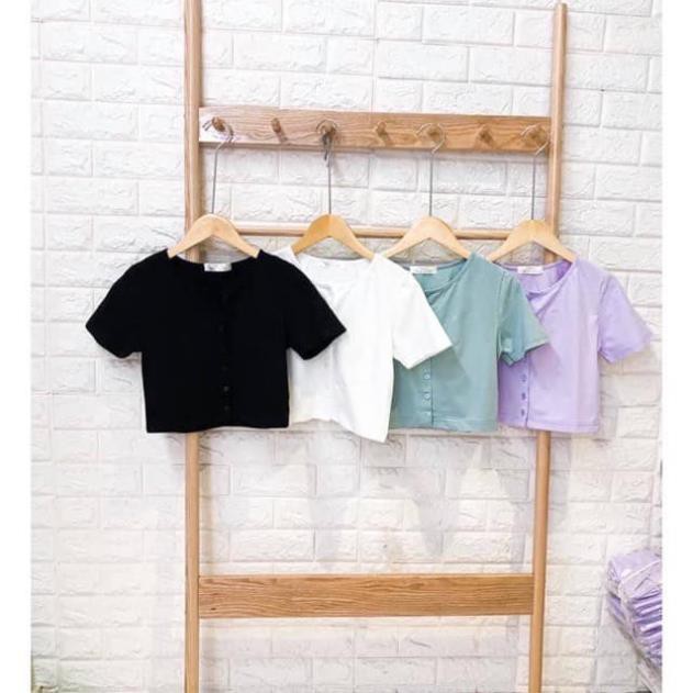 [XẢ KHO] Áo Croptop Cổ Tim Cài Cúc Tay Ngắn Form Ôm Xinh Xắn