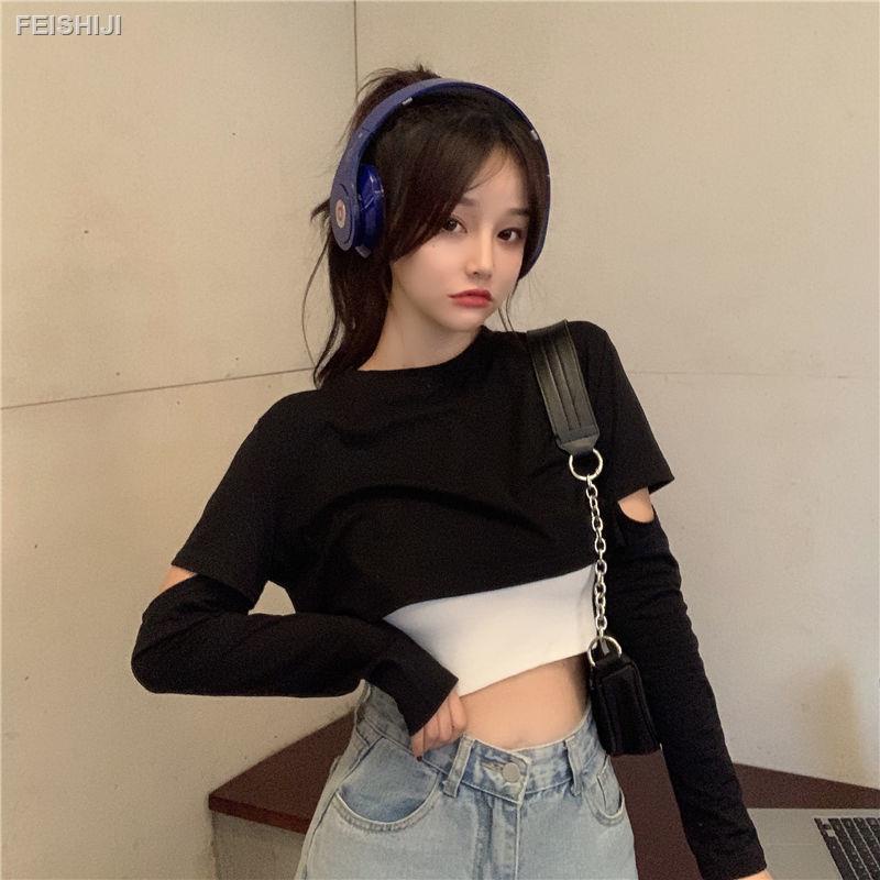 ∈¤☃2021 summer new design hollow fake two-piece long-sleeved T-shirt, female hit color and thin, all-match short top ins tide