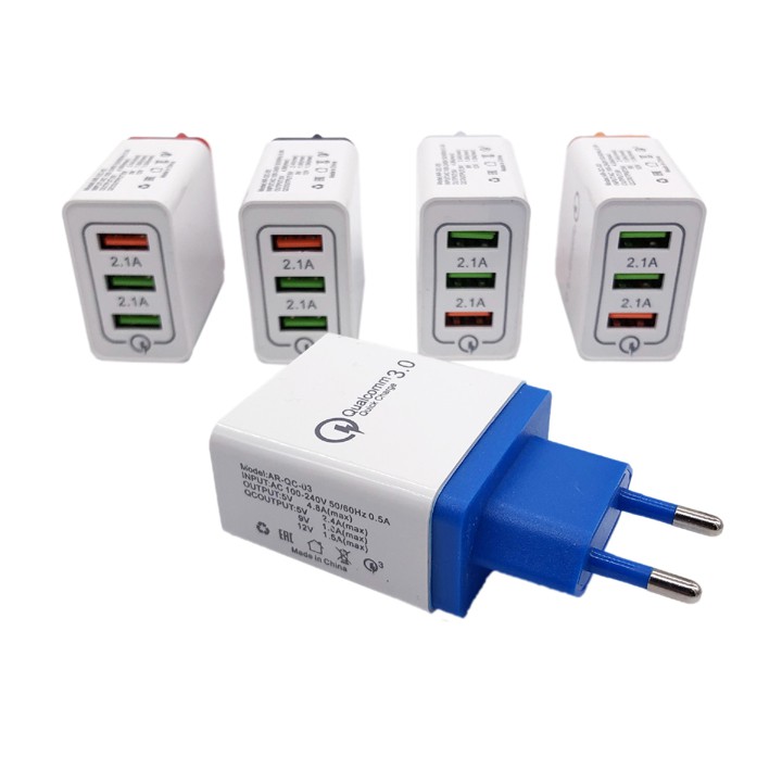 Combo củ sạc nhanh Qualcomm 3 cổng và dây cáp dù  Type C, Iphone, MicroUSB siêu bền 2m