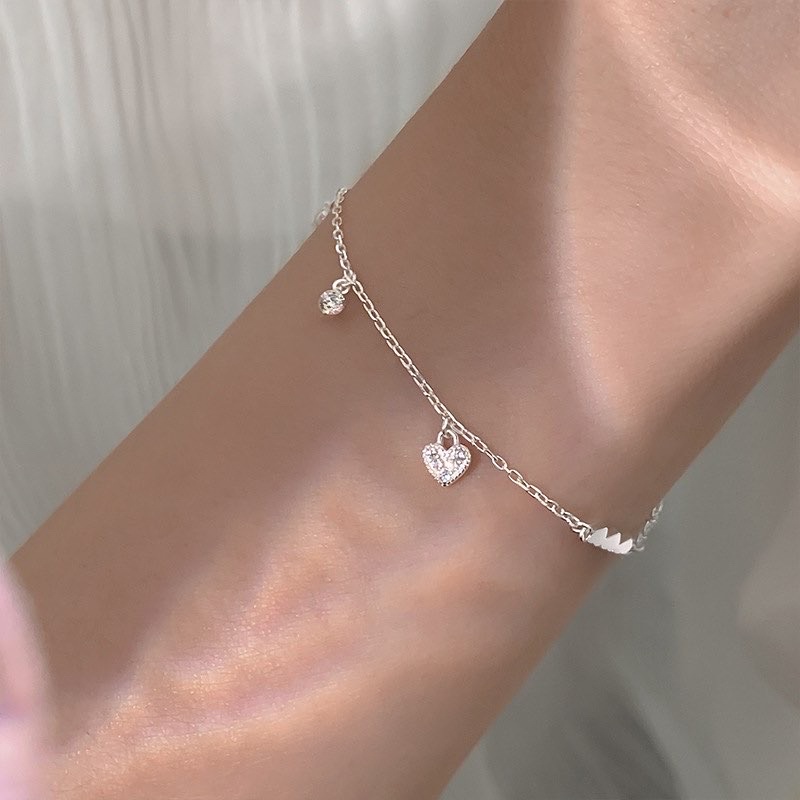 Lắc tay bạc nữ đính đá trái tim sang chảnh, lắc tay trái tim pha lê nhân tạo bạc 925