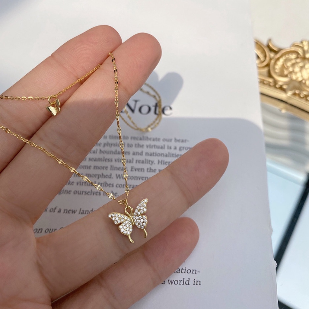 Vòng cổ Hai Lớp Mặt Bướm Đính Đá Thời Trang Cho Nữ