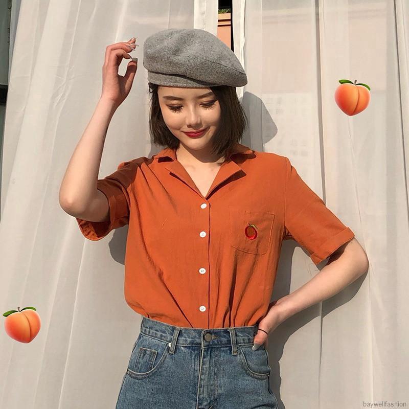 Áo sơ mi kiểu cổ bẻ ngắn tay thêu họa tiết trái cây cho nữ | BigBuy360 - bigbuy360.vn