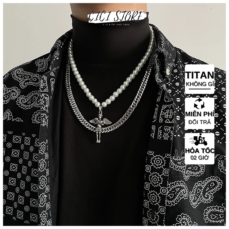 Dây Chuyền Ngọc Trai Nhân Tạo Thiên Thần Nam Và Nữ 2 Lớp Cuban Phong Cách Hiphop