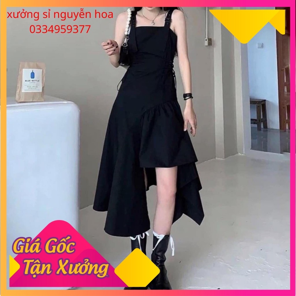 Váy 2 dây đen đan dây eo lệch vạt tầng phong cách, cá tính (kèm video/ảnh thật) Xưởng Sỉ Nguyễn Hoa