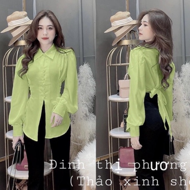 Áo sơ mi lụa xanh tay bồng bo ống cổ bẻ nơ sau siêu xinh L1 su