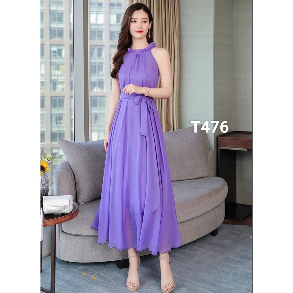 Đầm Maxi Dài Cổ Xếp Ly Voan 2 Lớp Cao Cấp Tôn Dáng Dạo Phố T467