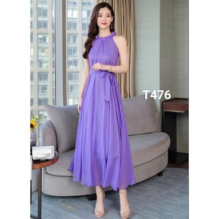 Đầm Maxi dài cổ xếp ly voan 2 lớp cao cấp tôn dáng dạo phố T467