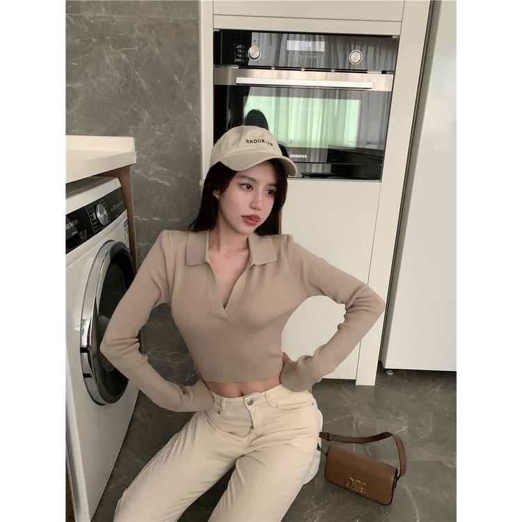 Áo Croptop Dệt Kim Tay Dài Phong Cách Hàn Quốc Thời Trang Mùa Thu Mới Cho Nữ