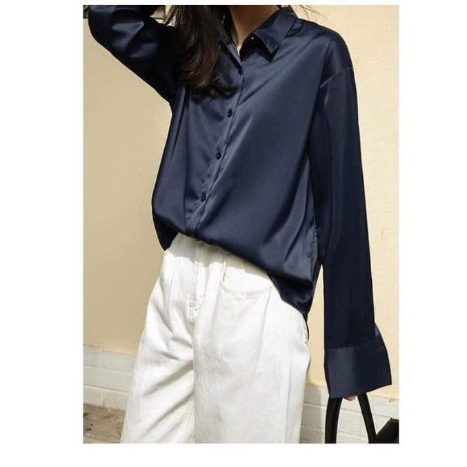 Áo sơ mi TAHARI lụa satin phi bóng tay dài màu trơn xám, xanh navy