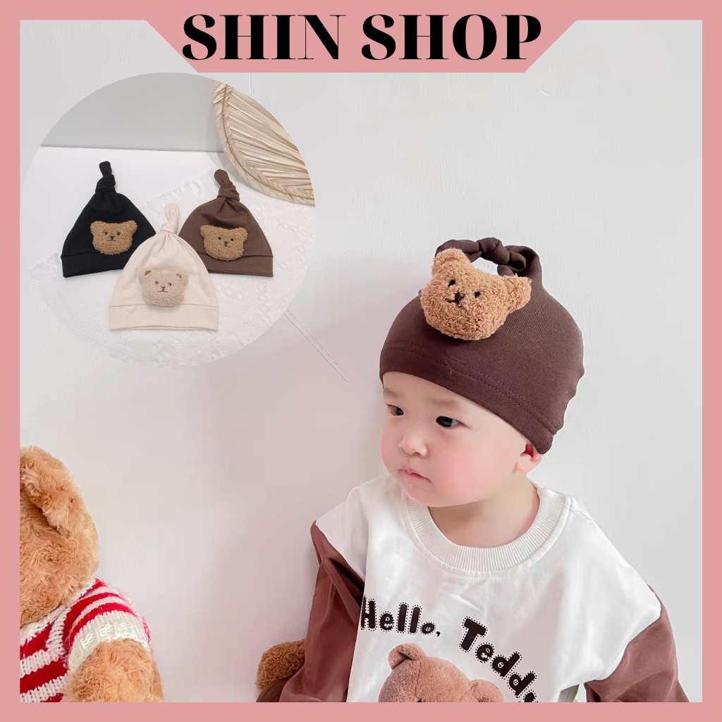 Mũ, nón chất liệu cotton điểm nhấn mặt gấu dễ thương cho bé sơ sinh từ 0 đến 12 tháng MD63 SHINSHOP
