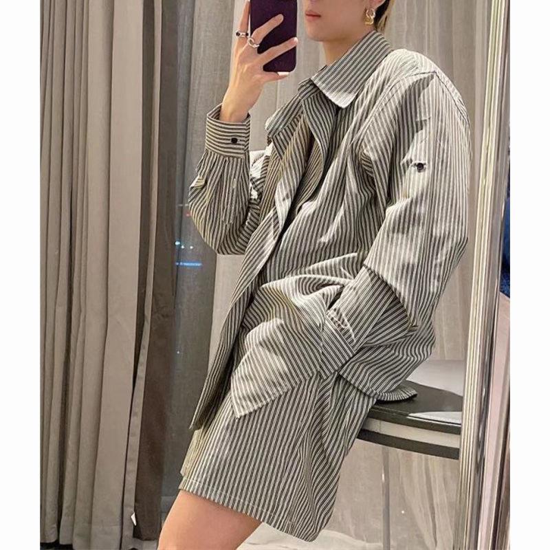 Áo Sơ Mi Tay Dài Kẻ Sọc Dáng Rộng + Quần Short Phong Cách Đường Phố Thời Trang Mùa Hè Cho Nam